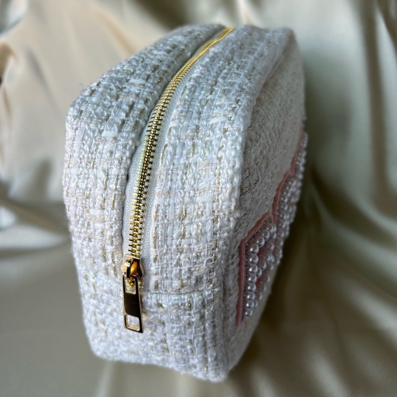 Large Tweed Bride Cosmetic Bag w/ Pearl & Rhinestone Personalized Letter Patches - Picture 6 of 10